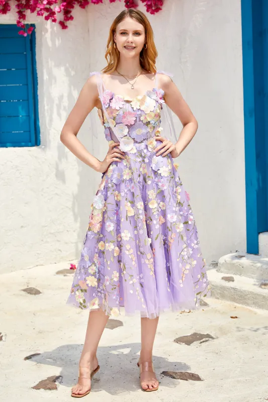 Purple A Line Tea Length Prom Dress with 3D Flowers sold by Zapaka