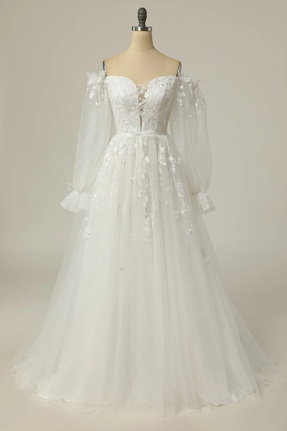 Luxurious A Line Off the Shoulder White Wedding Dress with Appliques sold by Zapaka