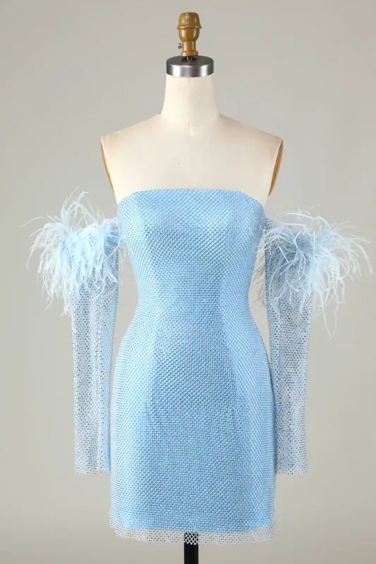 Detachable Sleeves Blue Tight Homecoming Dress with Feathers sold by Zapaka