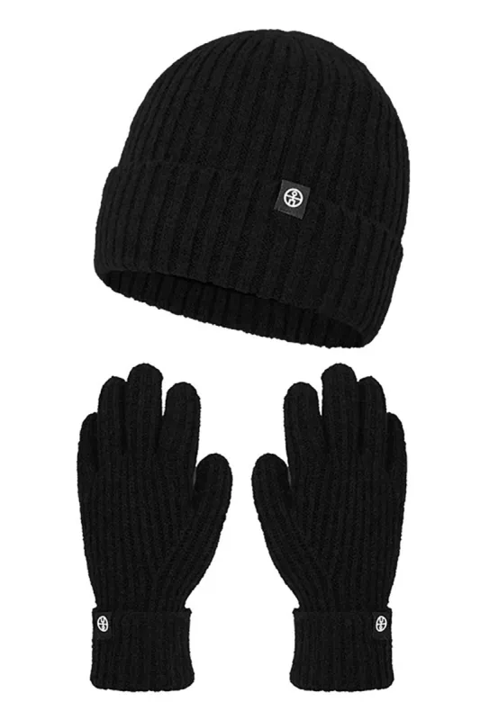 Black Knitted 2-Pieces Hat Gloves For Men made by Zapaka