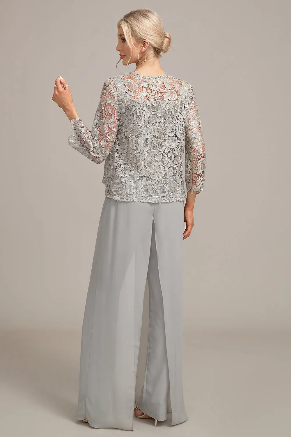 Silver Chiffon Pant and Lace Top Mother of The Bride Wide Pant Suits sold by Zapaka product image thumbnail 2