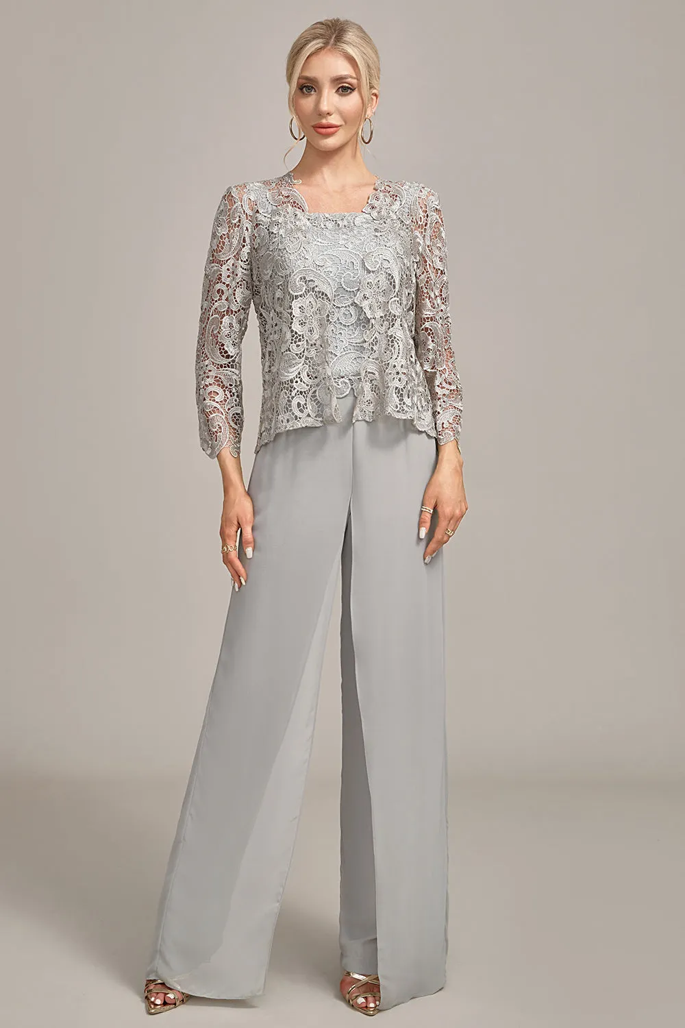 Silver Chiffon Pant and Lace Top Mother of The Bride Wide Pant Suits sold by Zapaka