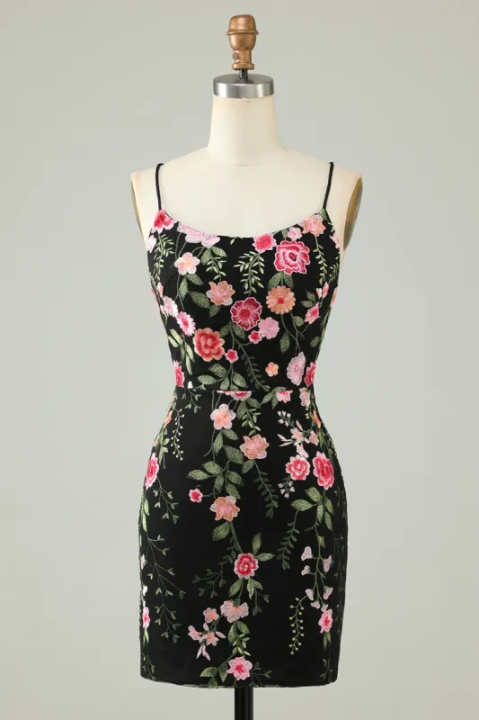 Black Spaghetti Straps Bodycon Homecoming Dress With Appliques sold by Zapaka