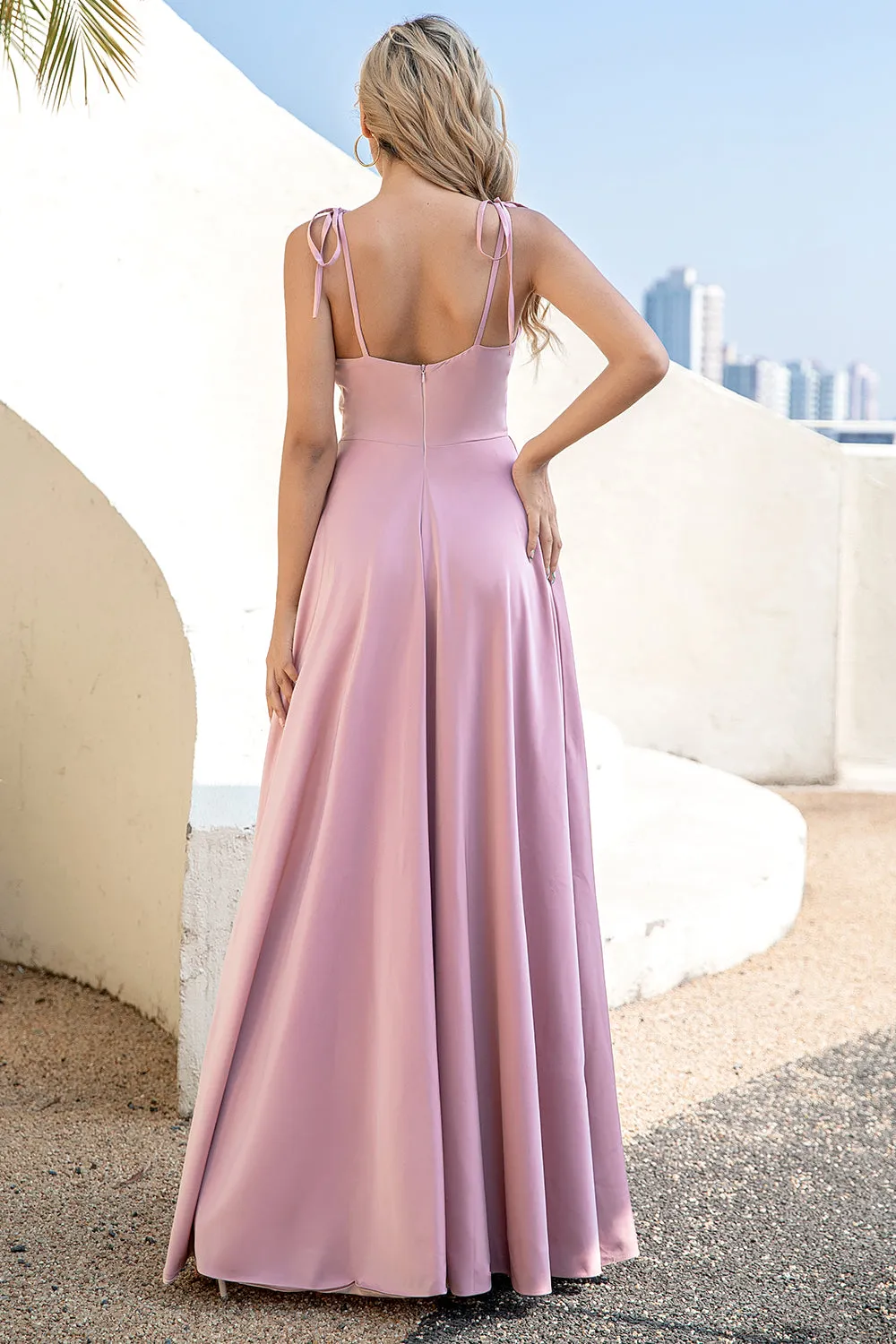 Blush Spaghetti Straps Long Bridesmaid Dress with Slit sold by Zapaka product image thumbnail 2