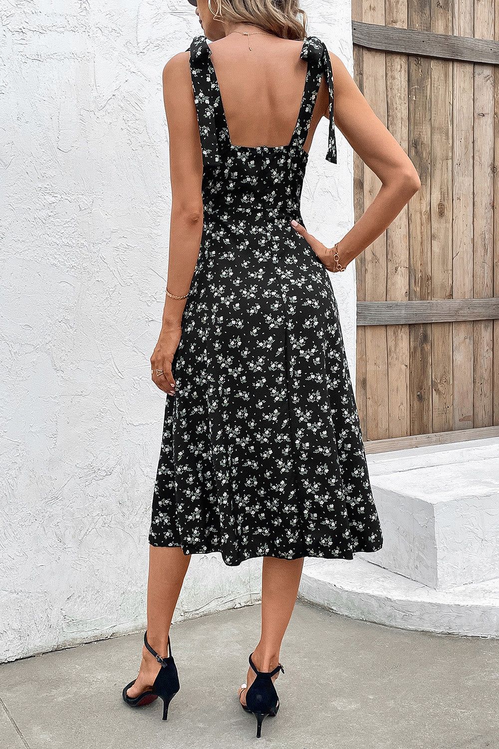 Black Spaghetti Straps A Line Printed Summer Dress With Slit sold by Zapaka product image thumbnail 2