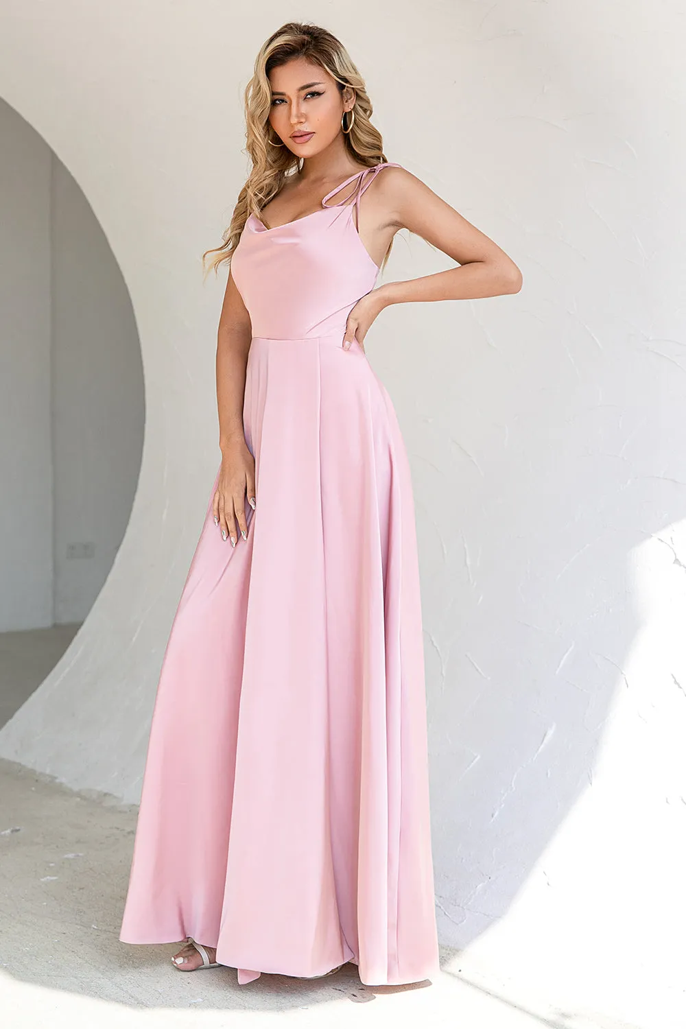 Blush Spaghetti Straps Long Bridesmaid Dress with Slit sold by Zapaka