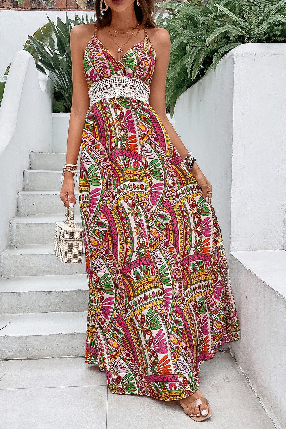 Fuchsia Printed Halter Backless Summer Dress sold by Zapaka product image thumbnail 5