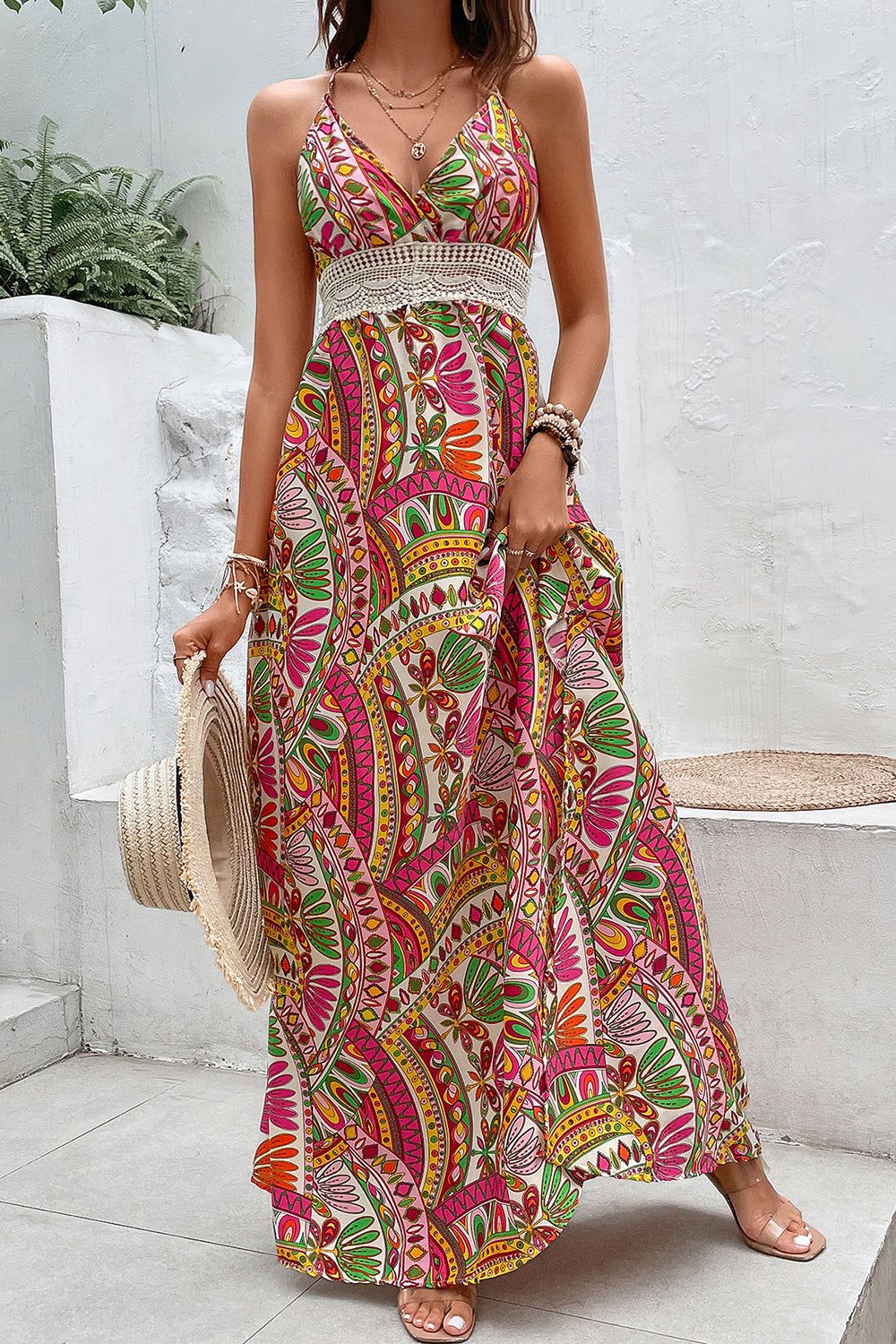 Fuchsia Printed Halter Backless Summer Dress sold by Zapaka