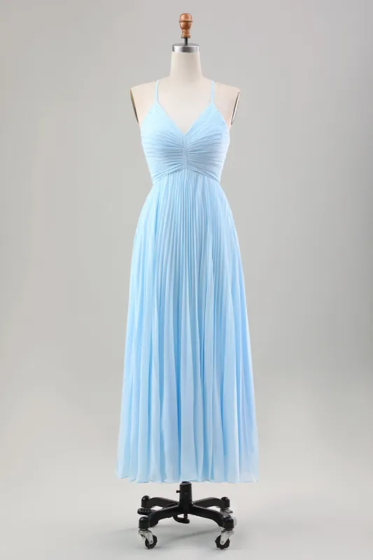 Sky Blue A Line Pleated Chiffon Wedding Guest Dress sold by Zapaka