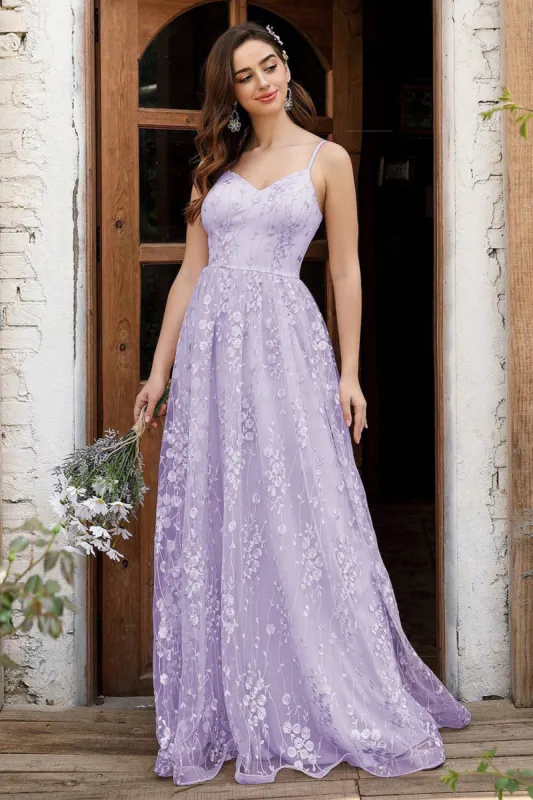 Lilac Spaghetti Straps A Line Lace Prom Dress sold by Zapaka