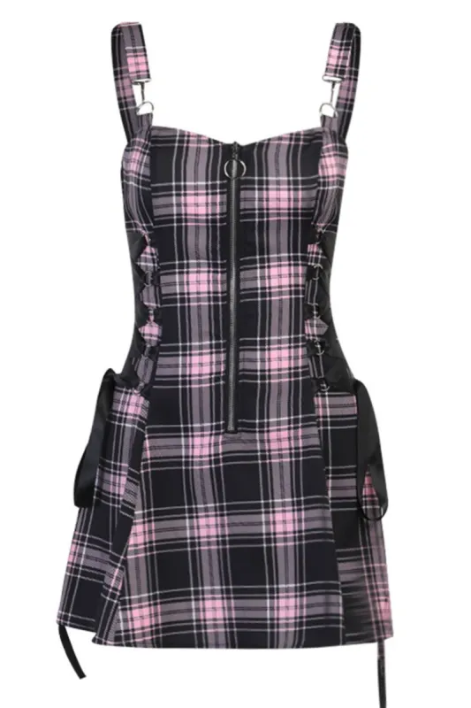 Pink Plaid Sleeveless Zipper Vintage Dress sold by Zapaka