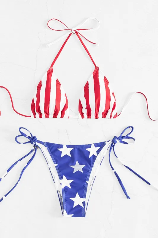 Red Stripes Stars Printed Halter Tankini sold by Zapaka