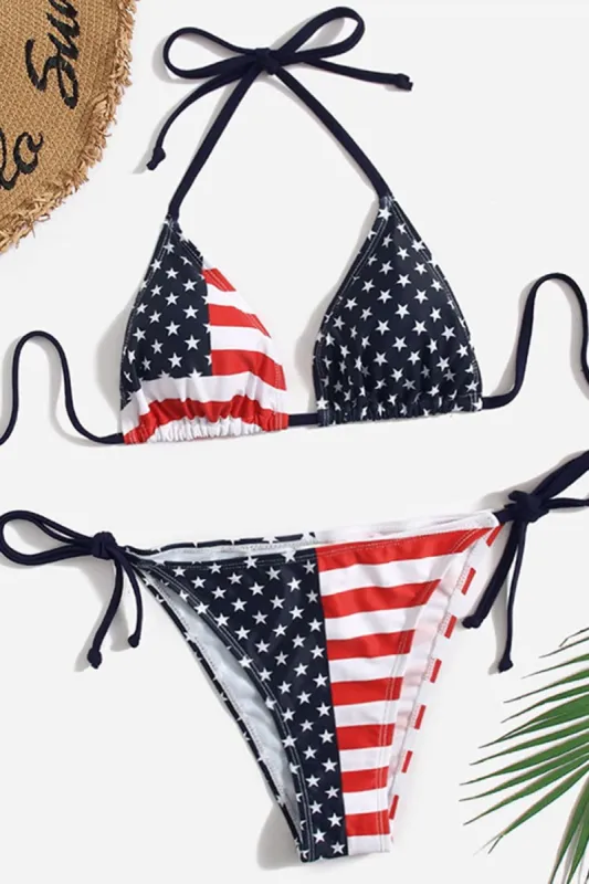 Black Halter American Flag Printed Tankini sold by Zapaka