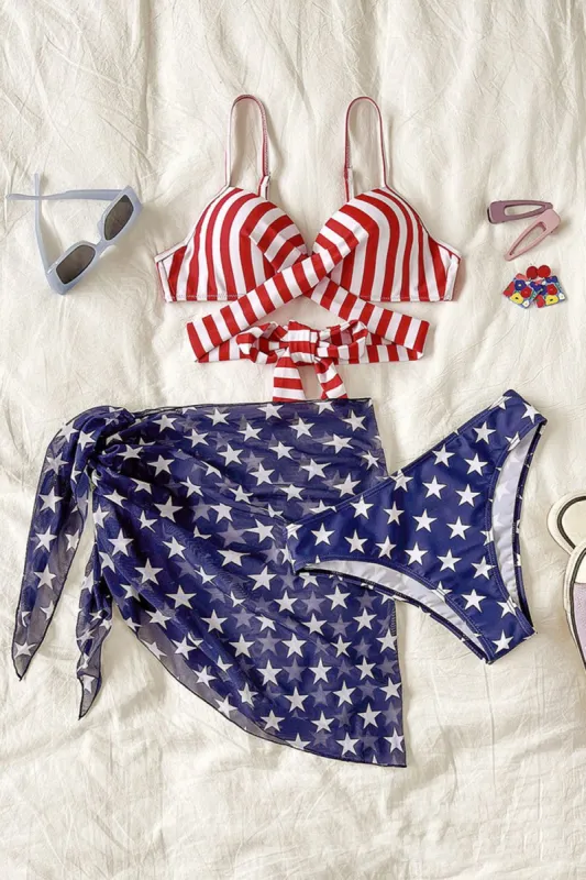 Blue Two Piece Stars Stripes Printed Wrap Front Swimsuit With Cover-up Dress sold by Zapaka