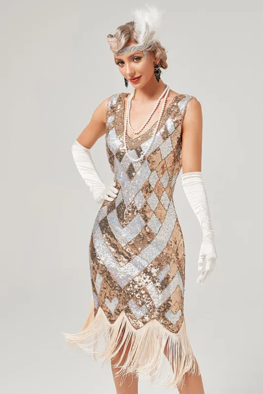 Golden Sequins 1920s Dress with Fringe sold by Zapaka