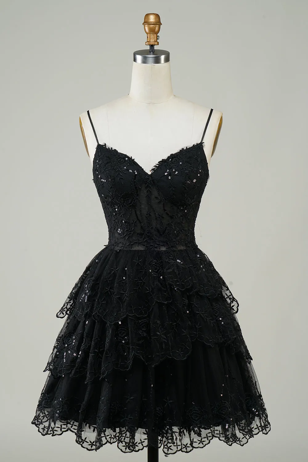 Gorgeous A Line Spaghetti Straps Black Sparkly Corset Homecoming Dress sold by Zapaka