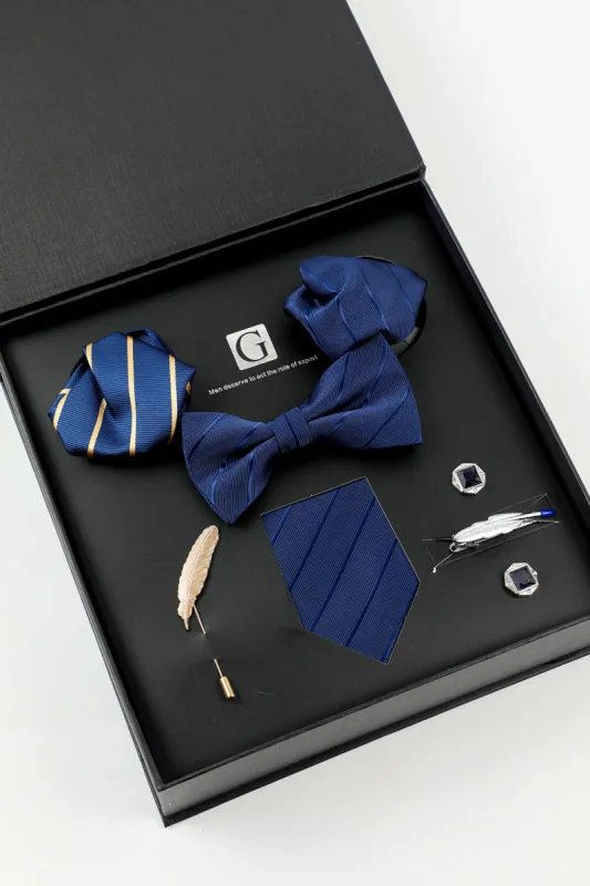 Royal Blue Men's Accessory Set Stripe Tie and Bow Tie Two Pocket Square Lapel Pin Tie Clip Cufflinks sold by Zapaka