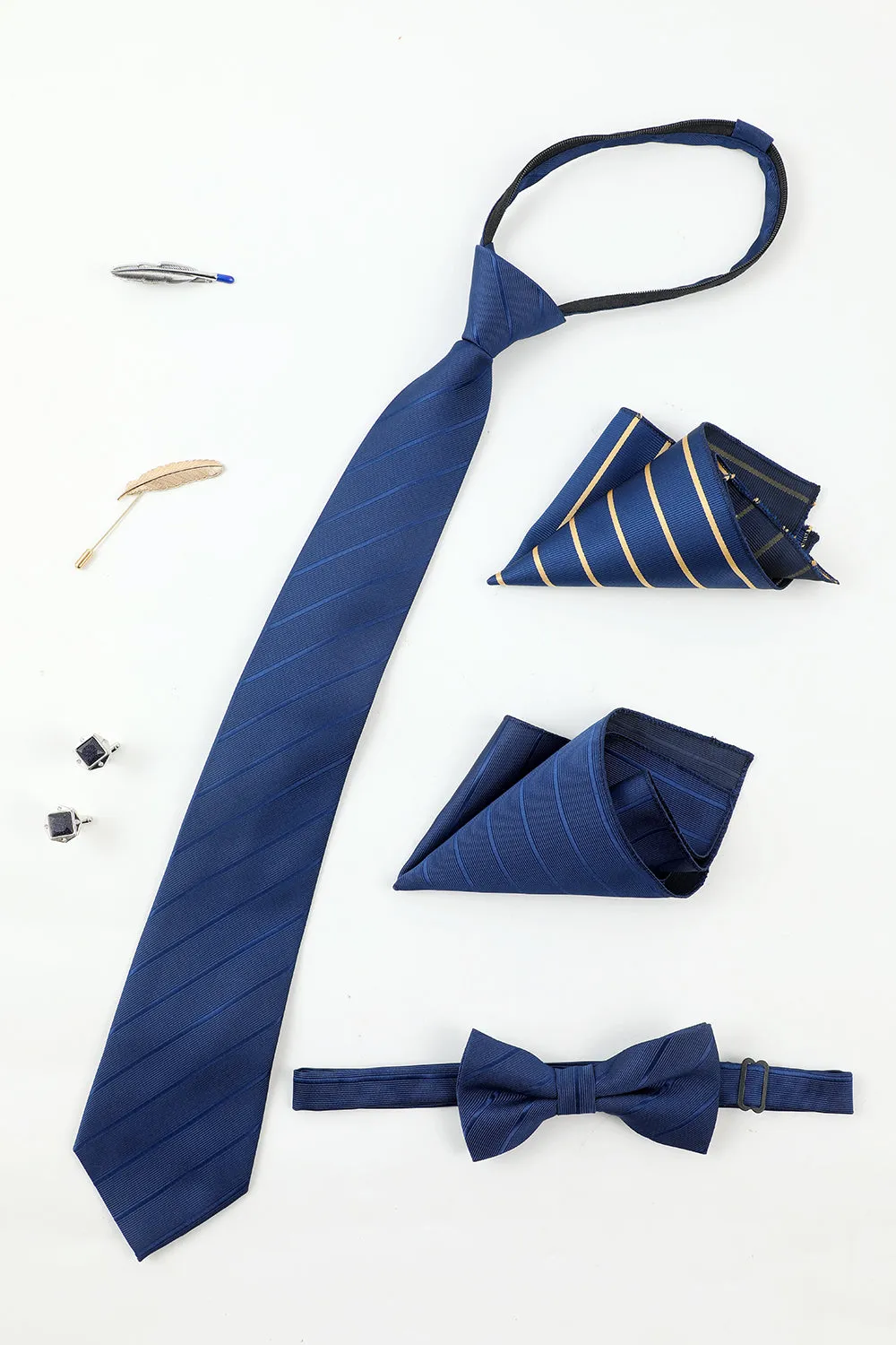 Royal Blue Men's Accessory Set Stripe Tie and Bow Tie Two Pocket Square Lapel Pin Tie Clip Cufflinks sold by Zapaka product image thumbnail 2