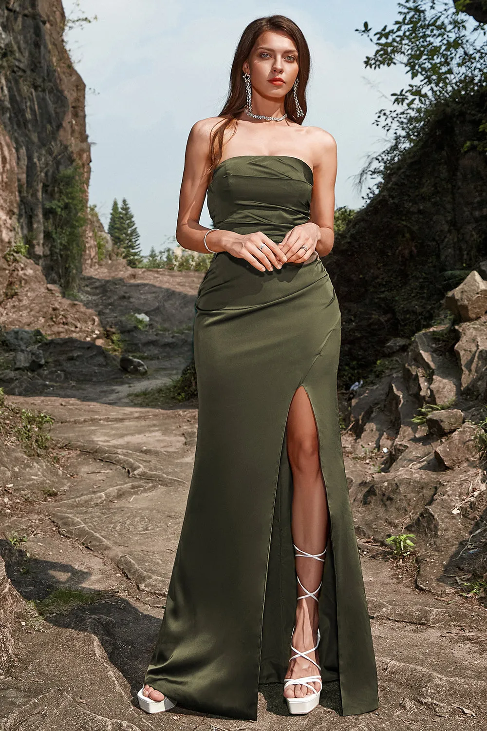 Green Strapless Satin Mermaid Prom Dress with Slit sold by Zapaka product image thumbnail 3