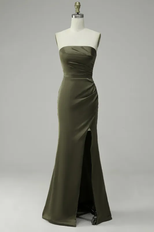 Green Strapless Satin Mermaid Prom Dress with Slit sold by Zapaka