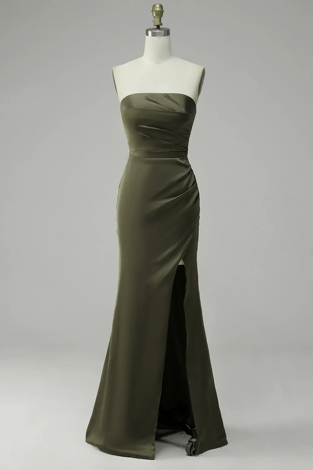 Green Strapless Satin Mermaid Prom Dress with Slit sold by Zapaka