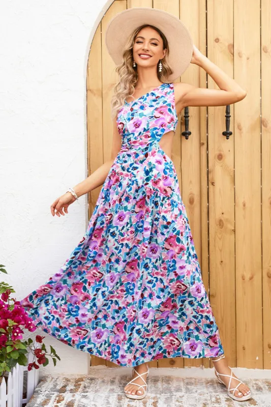 Purple Printed Summer Casual Dress with Hollow-out sold by Zapaka