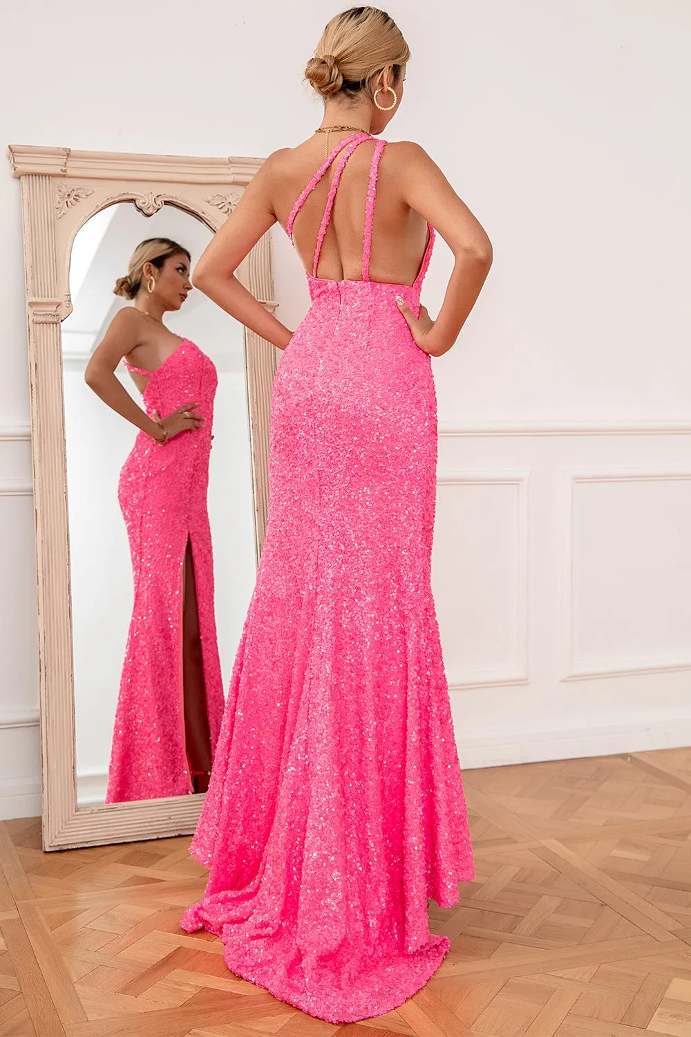 Pink Mermaid One Shoulder Sequin Prom Dress sold by Zapaka product image thumbnail 2