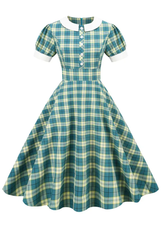 Jewel Neck Green Grid 1950s Dress with Short Sleeves sold by Zapaka