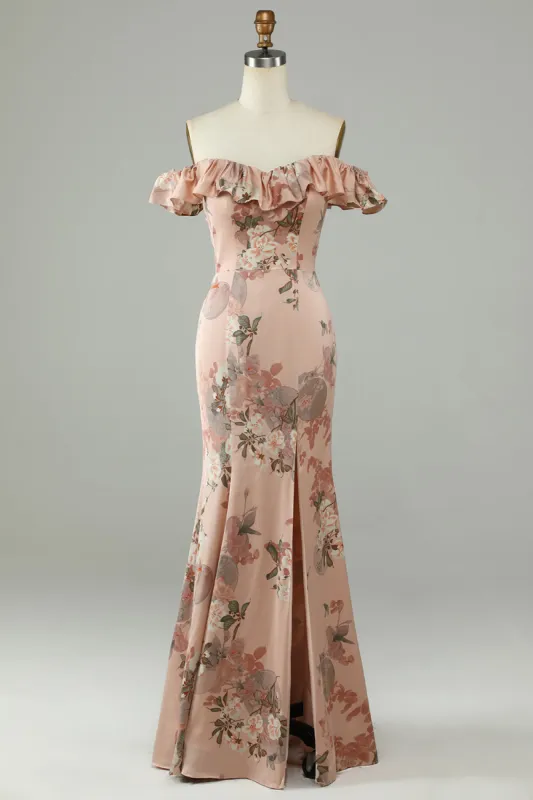 Flower Printed Off The Shoudler Blush Long Bridesmaid Dress with Slit made by Zapaka