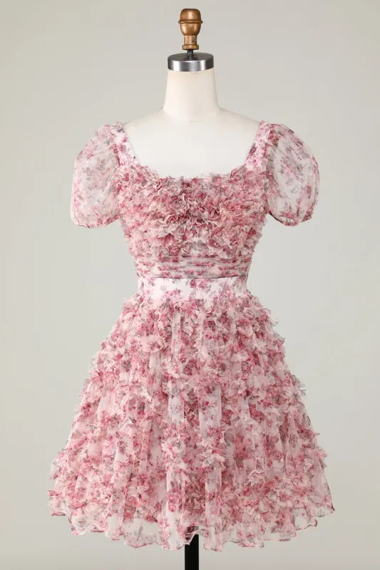 Cute A Line Floral Ivory Red Flower Homecoming Dress with Ruffles sold by Zapaka