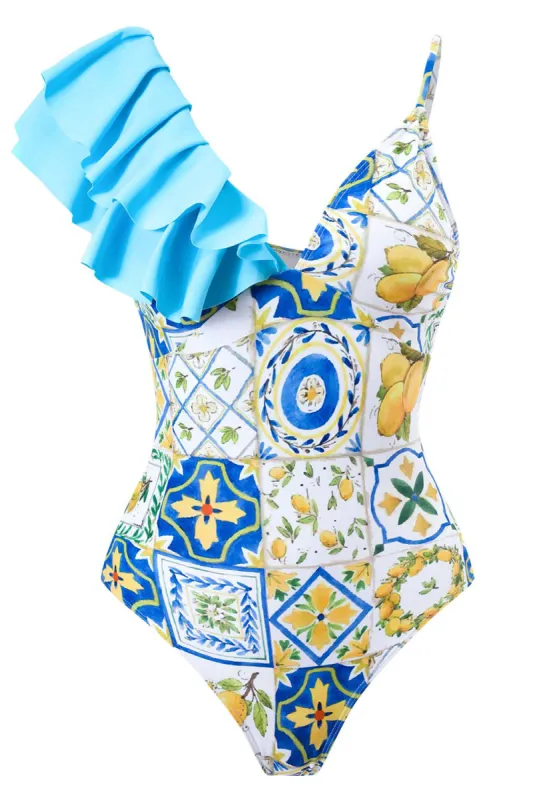 Blue Printed High Waist One Piece Swimwear sold by Zapaka