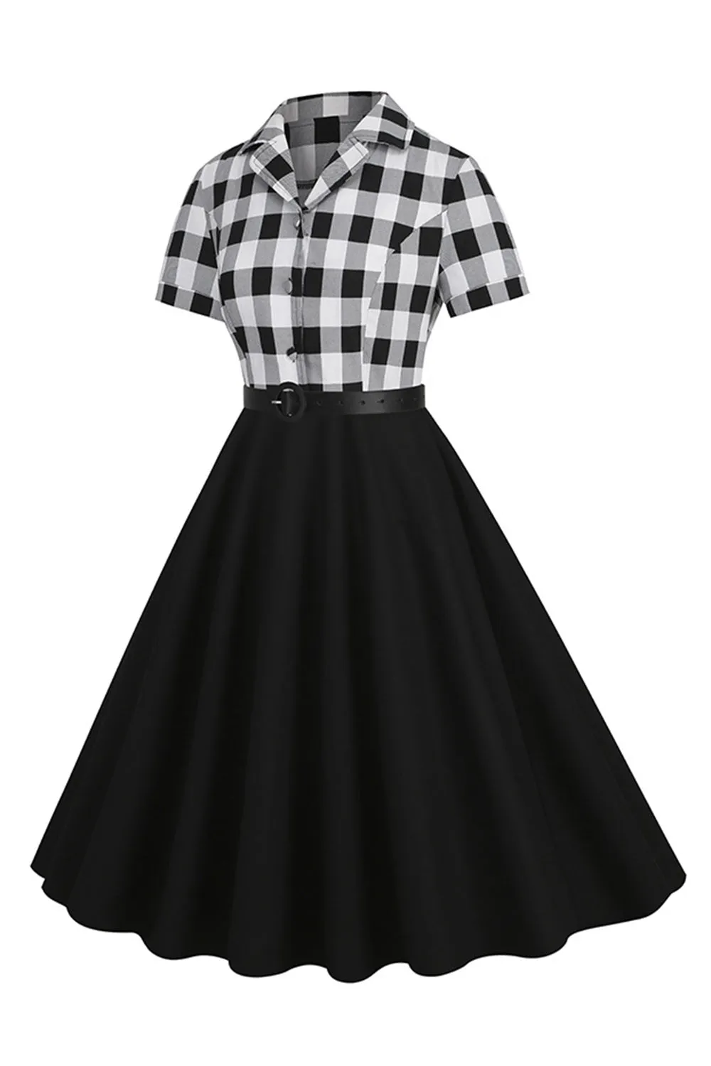 V-Neck Short Sleeves Plaid Black 1950s Dress with Belt sold by Zapaka product image thumbnail 3