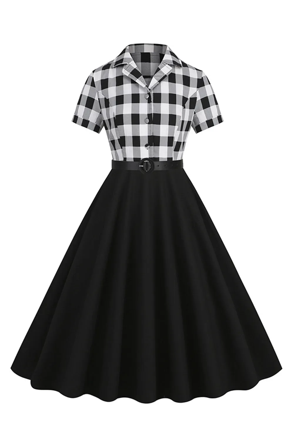V-Neck Short Sleeves Plaid Black 1950s Dress with Belt sold by Zapaka