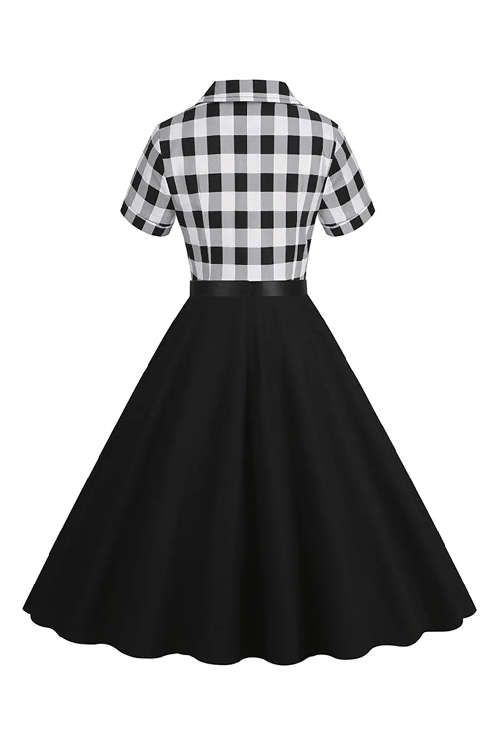 V-Neck Short Sleeves Plaid Black 1950s Dress with Belt sold by Zapaka product image thumbnail 2