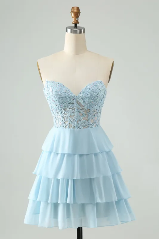 Light Blue A Line Sweetheart Tiered Short Homecoming Dress with Appliques sold by Zapaka