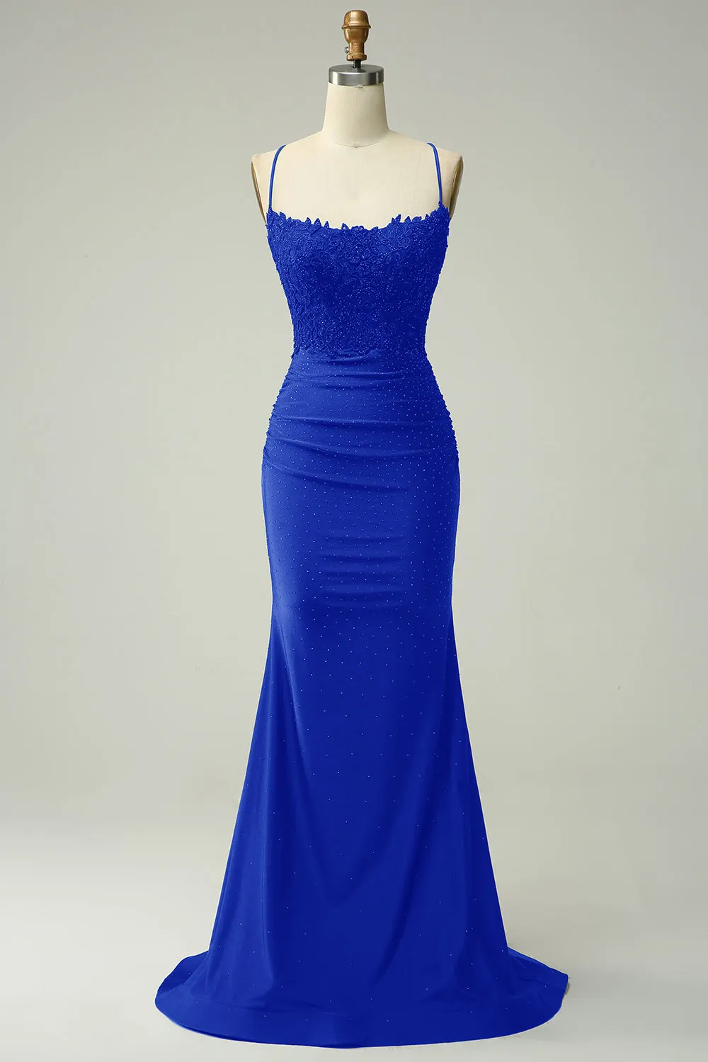 Trendy Mermaid Halter Neck Royal Blue Long Prom Dress with Appliques Beading sold by Zapaka