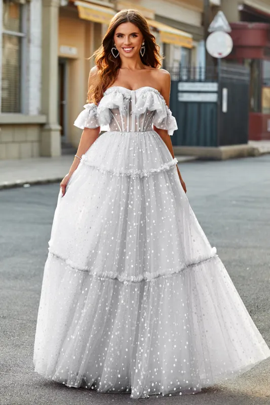 Ivory Off the Shoulder Polka Dots Ruffled Wedding Dress sold by Zapaka
