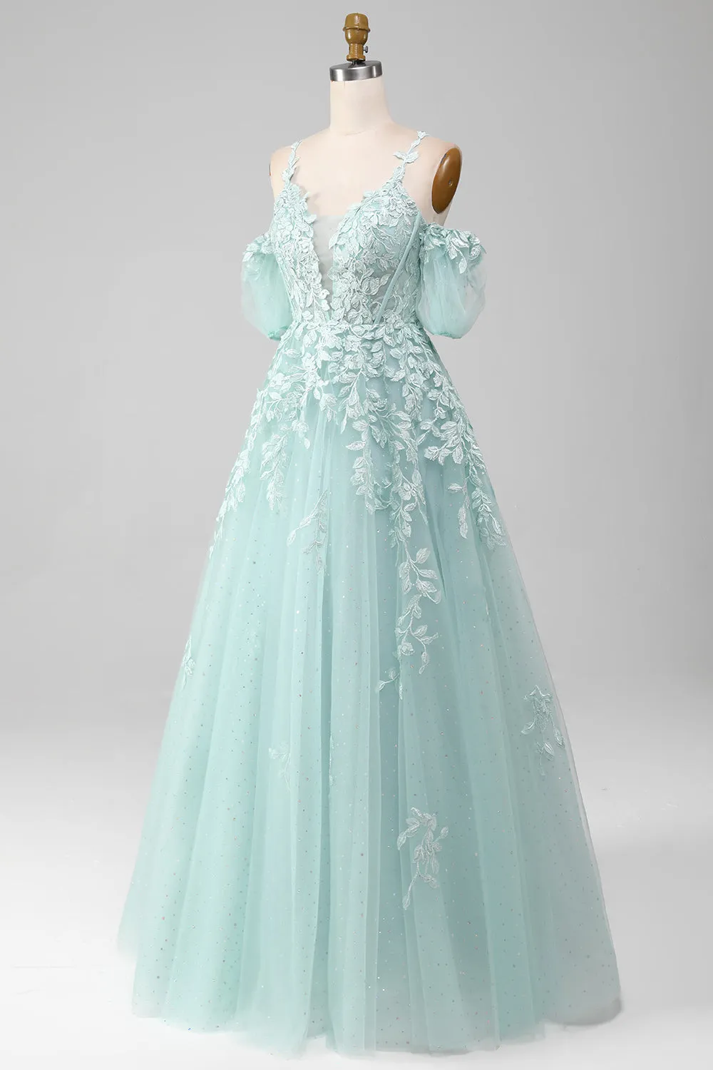 Mint Ball-Gown Off The Shoulder Beaded Prom Dresses With Appliques sold by Zapaka product image thumbnail 3