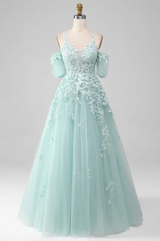 Mint Ball-Gown Off The Shoulder Beaded Prom Dresses With Appliques sold by Zapaka
