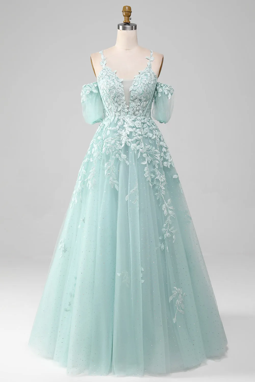 Mint Ball-Gown Off The Shoulder Beaded Prom Dresses With Appliques sold by Zapaka