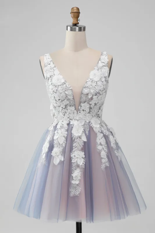 Elegant Grey Pink A Line V Neck Flowers Short Homecoming Dress with Pearl sold by Zapaka