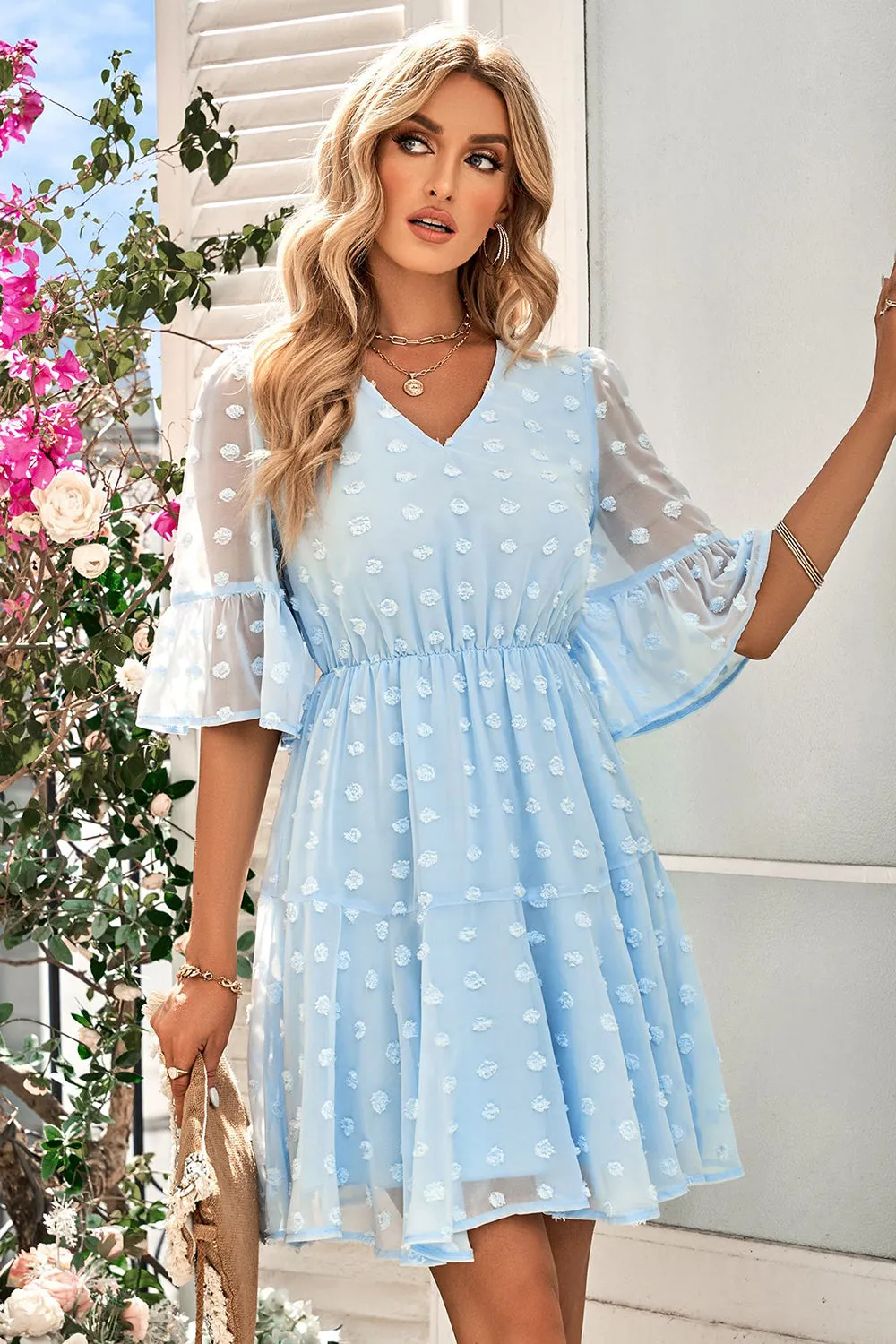 Blue V Neck Mini Summer Dress With Half Sleeves sold by Zapaka product image thumbnail 4