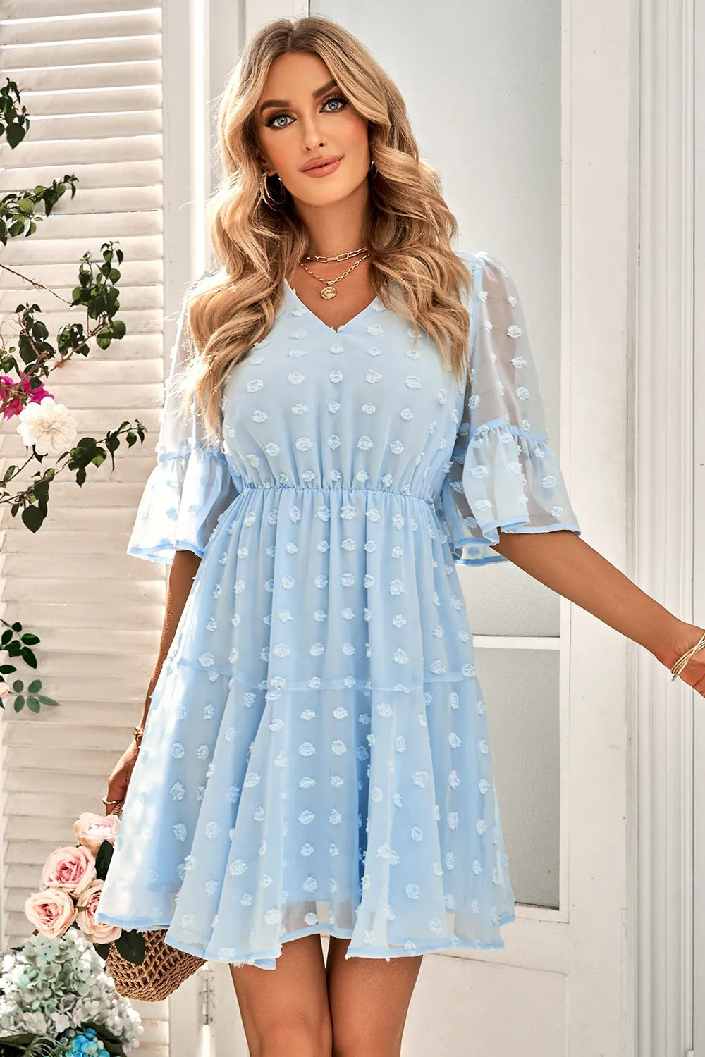 Blue V Neck Mini Summer Dress With Half Sleeves sold by Zapaka