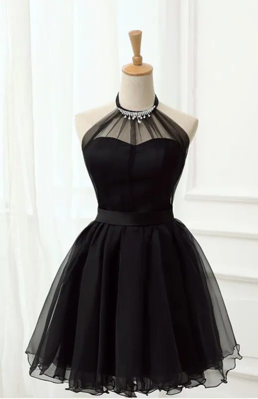 Halter Black Tulle Short Prom Dress made by Zapaka