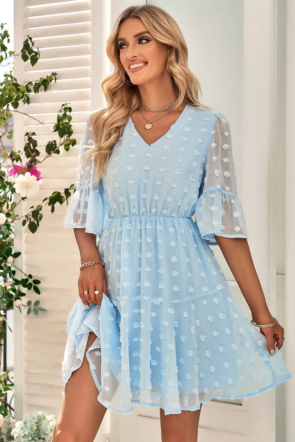 Blue V Neck Mini Summer Dress With Half Sleeves sold by Zapaka product image thumbnail 5