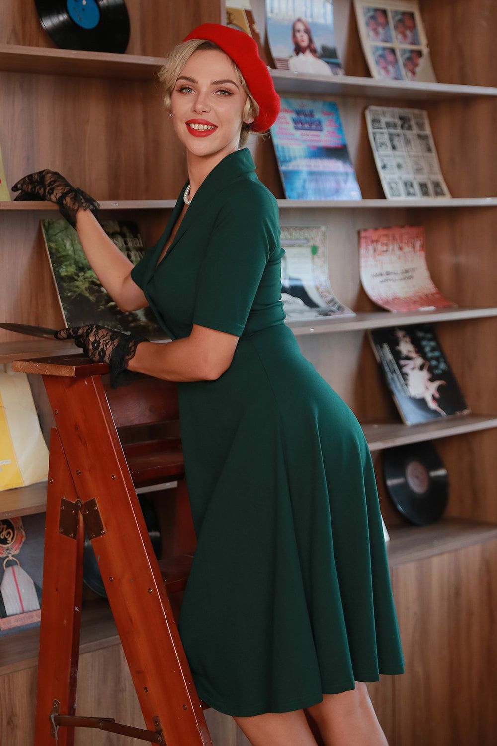 Dark Green Vintage 1950s Dress with Sleeves sold by Zapaka product image thumbnail 2