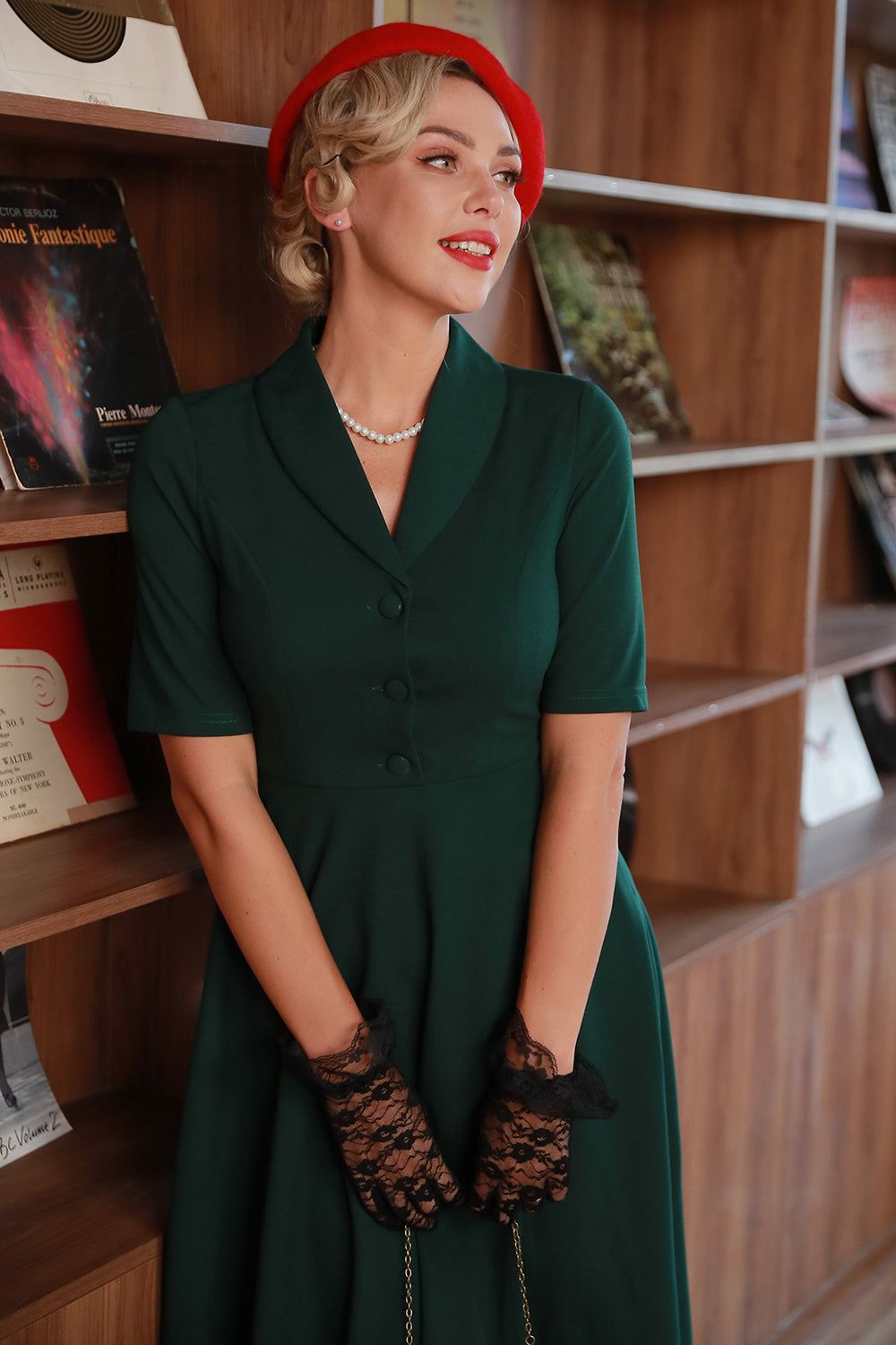 Dark Green Vintage 1950s Dress with Sleeves sold by Zapaka product image thumbnail 4