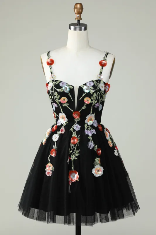 Spaghetti Straps Black A Line Sequin Flowers Homecoming Dress sold by Zapaka