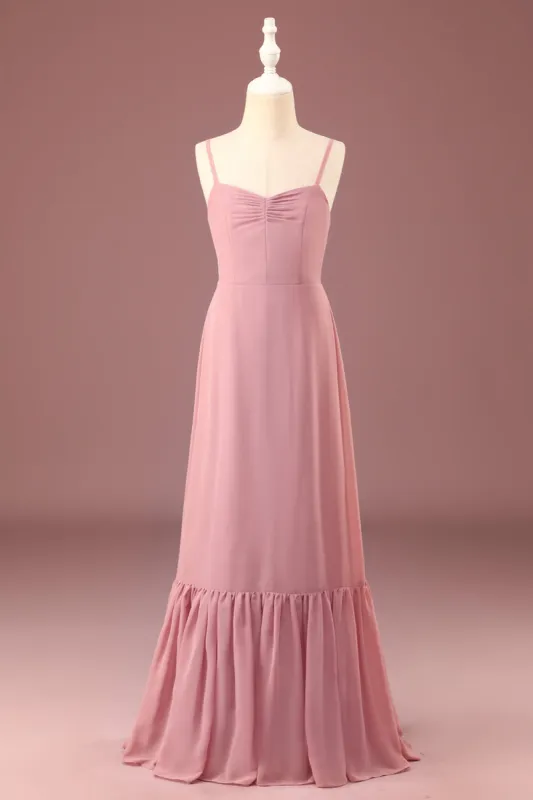 Dusty Rose Spaghetti Straps A-line Chiffon Long Junior Bridesmaid Dress sold by Zapaka