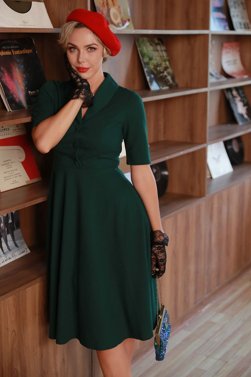 Dark Green Vintage 1950s Dress with Sleeves sold by Zapaka product image thumbnail 3